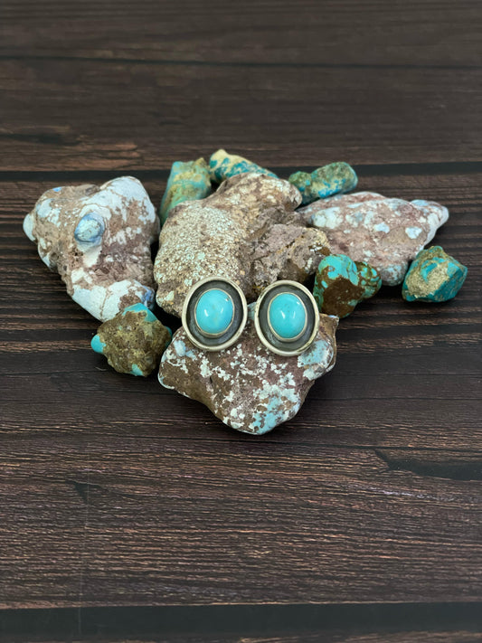 Handmade Sterling Silver Kingman Turquoise Post Earrings, Signed Nizhoni