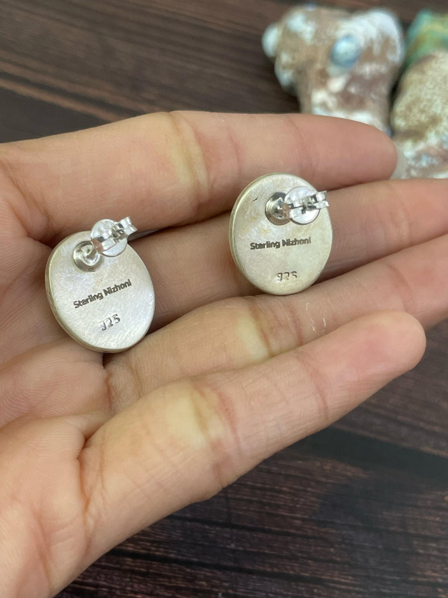 Handmade Sterling Silver Kingman Turquoise Post Earrings, Signed Nizhoni