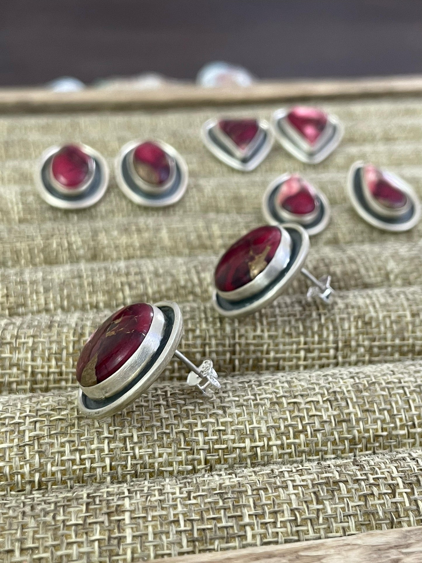 Handmade Sterling Silver Red Rose Dahlia Post Earrings, Signed Nizhoni