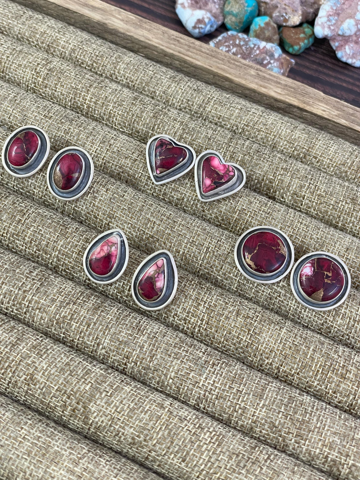 Handmade Sterling Silver Red Rose Dahlia Post Earrings, Signed Nizhoni