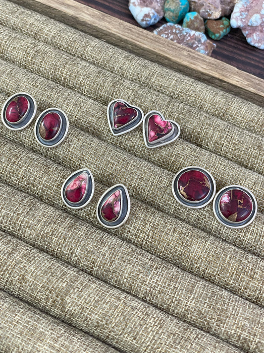 Handmade Sterling Silver Red Rose Dahlia Post Earrings, Signed Nizhoni
