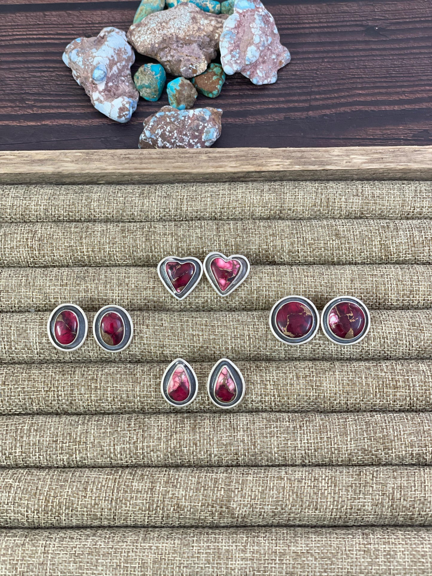 Handmade Sterling Silver Red Rose Dahlia Post Earrings, Signed Nizhoni