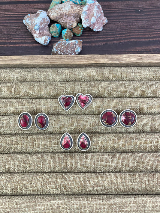 Handmade Sterling Silver Red Rose Dahlia Post Earrings, Signed Nizhoni