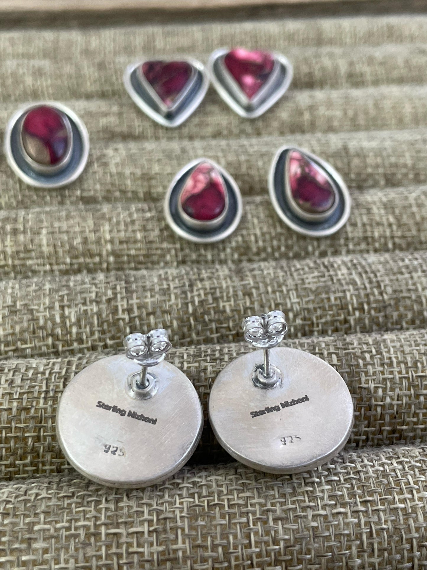Handmade Sterling Silver Red Rose Dahlia Post Earrings, Signed Nizhoni