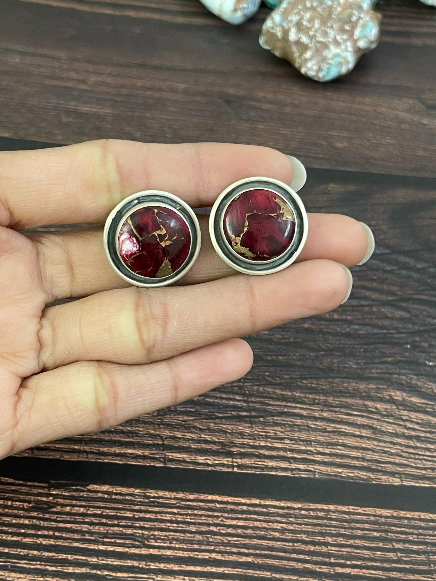 Handmade Sterling Silver Red Rose Dahlia Post Earrings, Signed Nizhoni