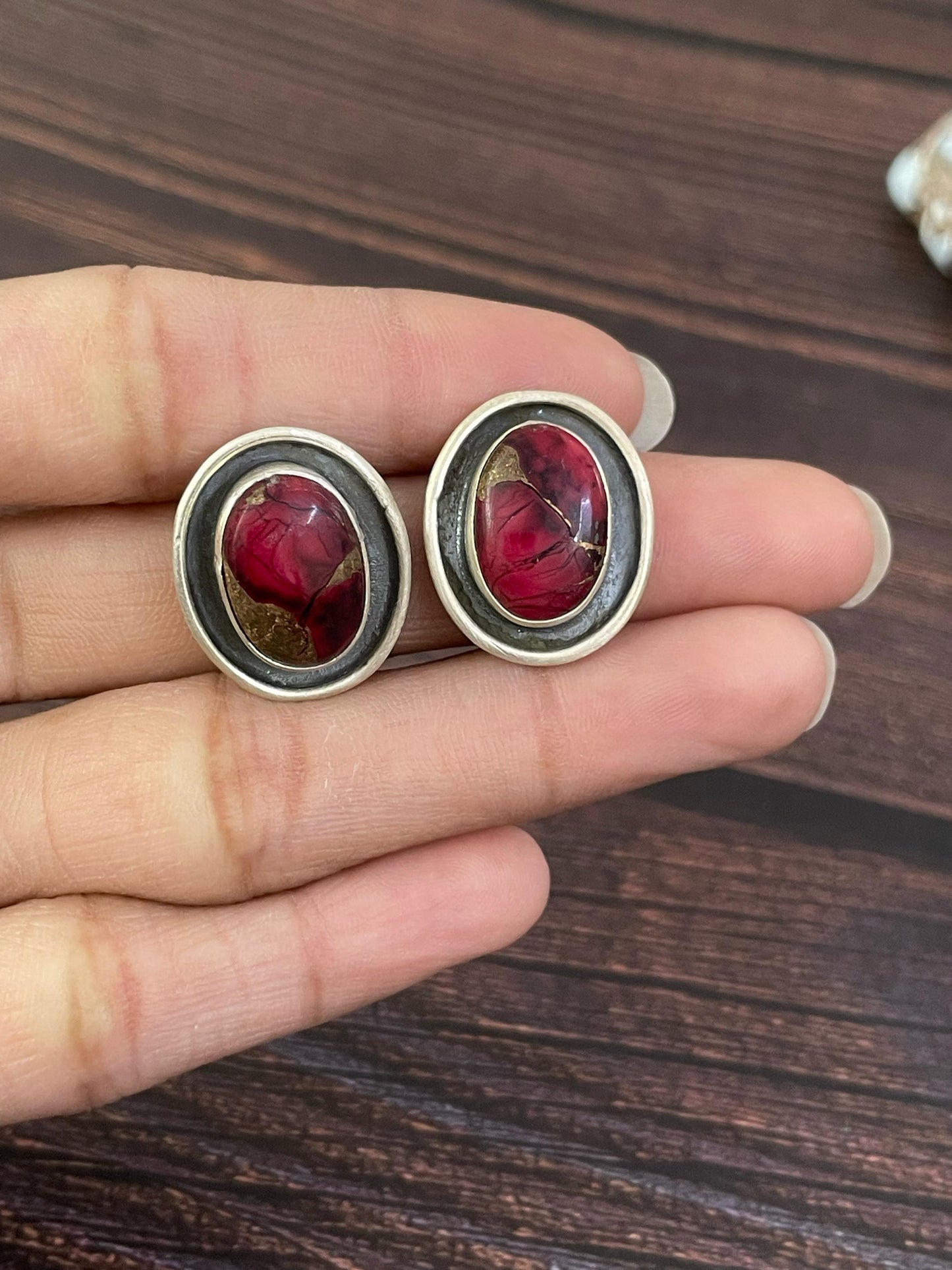 Handmade Sterling Silver Red Rose Dahlia Post Earrings, Signed Nizhoni