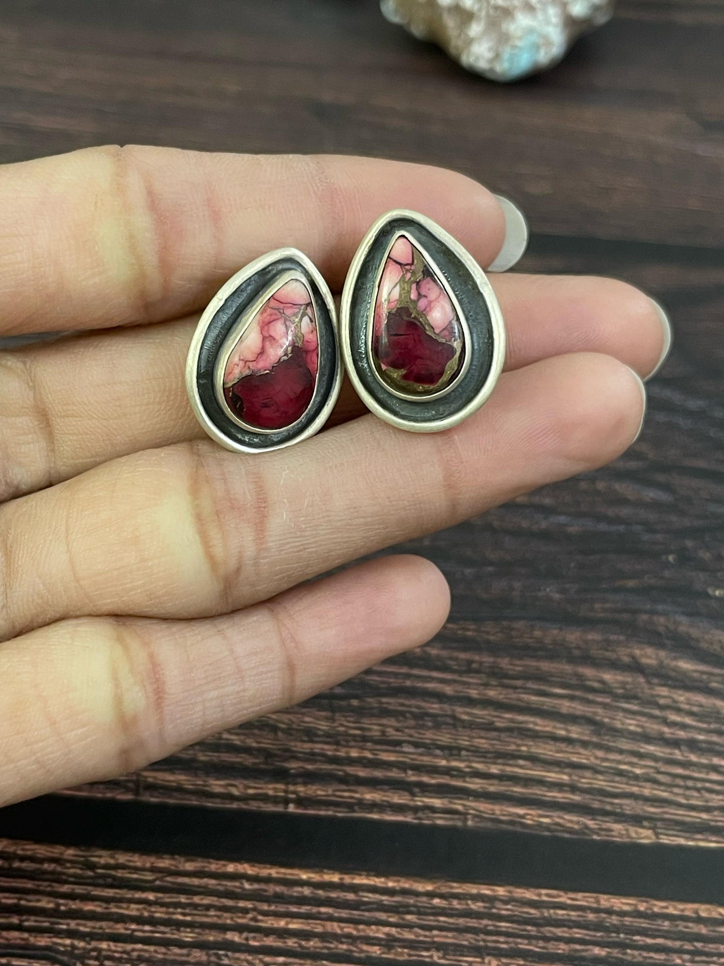Handmade Sterling Silver Red Rose Dahlia Post Earrings, Signed Nizhoni