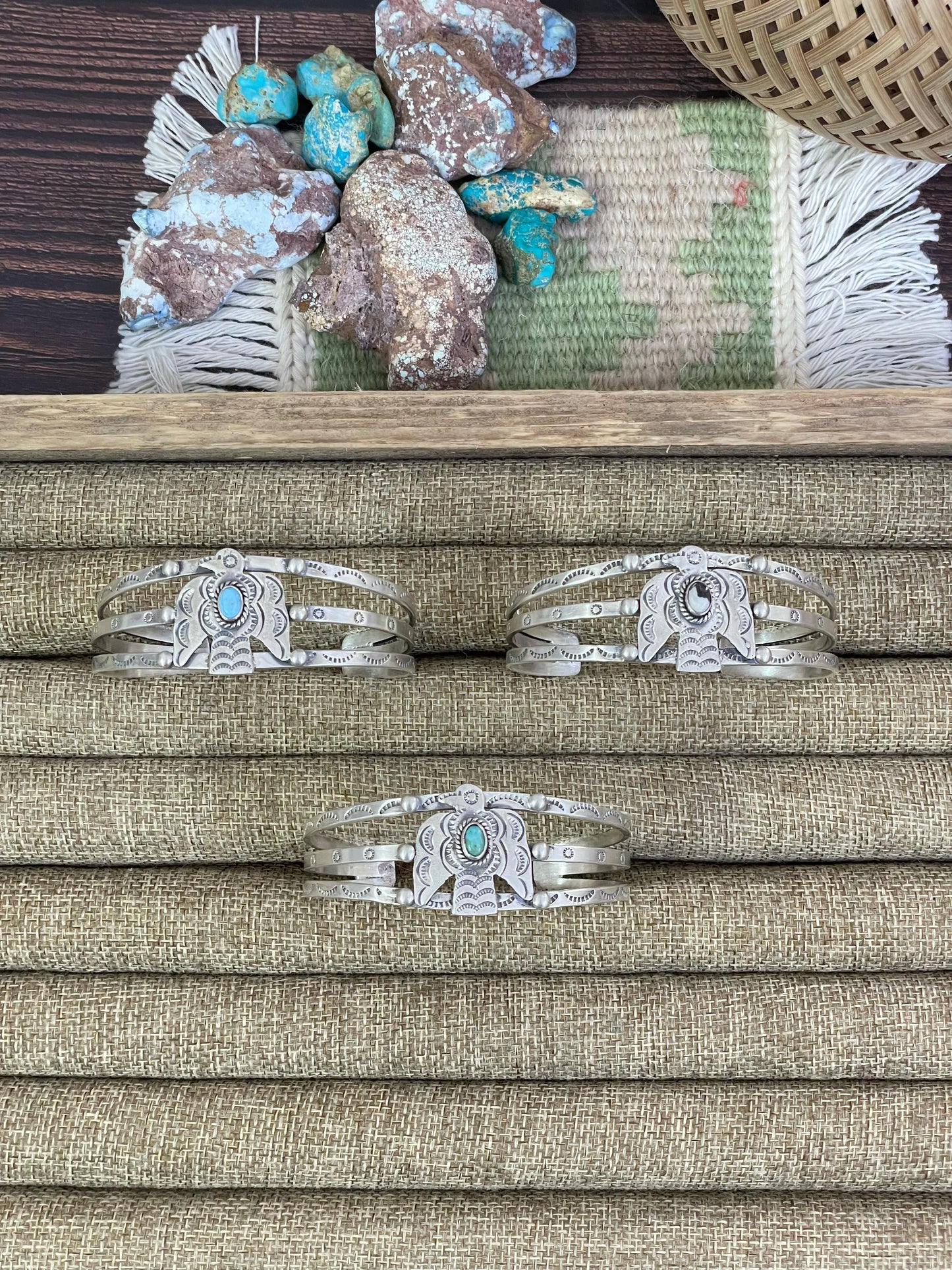 Handmade Sterling Silver White Buffalo, Golden Hills, Kingman Turquoise Thunderbird Bracelet, Signed Nizhoni