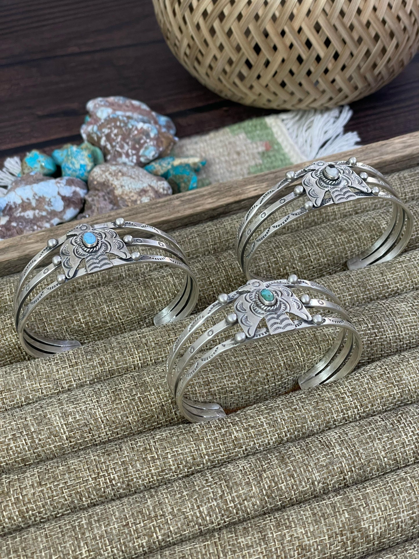 Handmade Sterling Silver White Buffalo, Golden Hills, Kingman Turquoise Thunderbird Bracelet, Signed Nizhoni