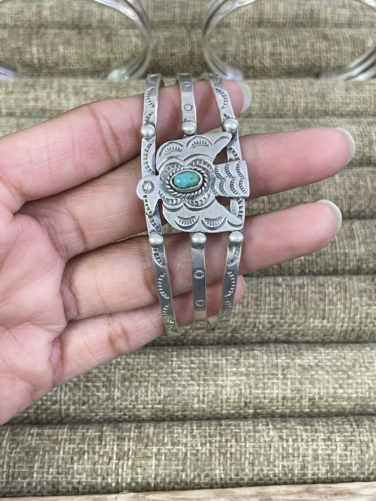 Handmade Sterling Silver White Buffalo, Golden Hills, Kingman Turquoise Thunderbird Bracelet, Signed Nizhoni