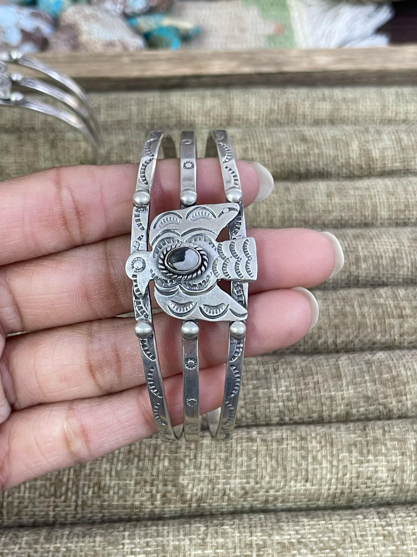 Handmade Sterling Silver White Buffalo, Golden Hills, Kingman Turquoise Thunderbird Bracelet, Signed Nizhoni
