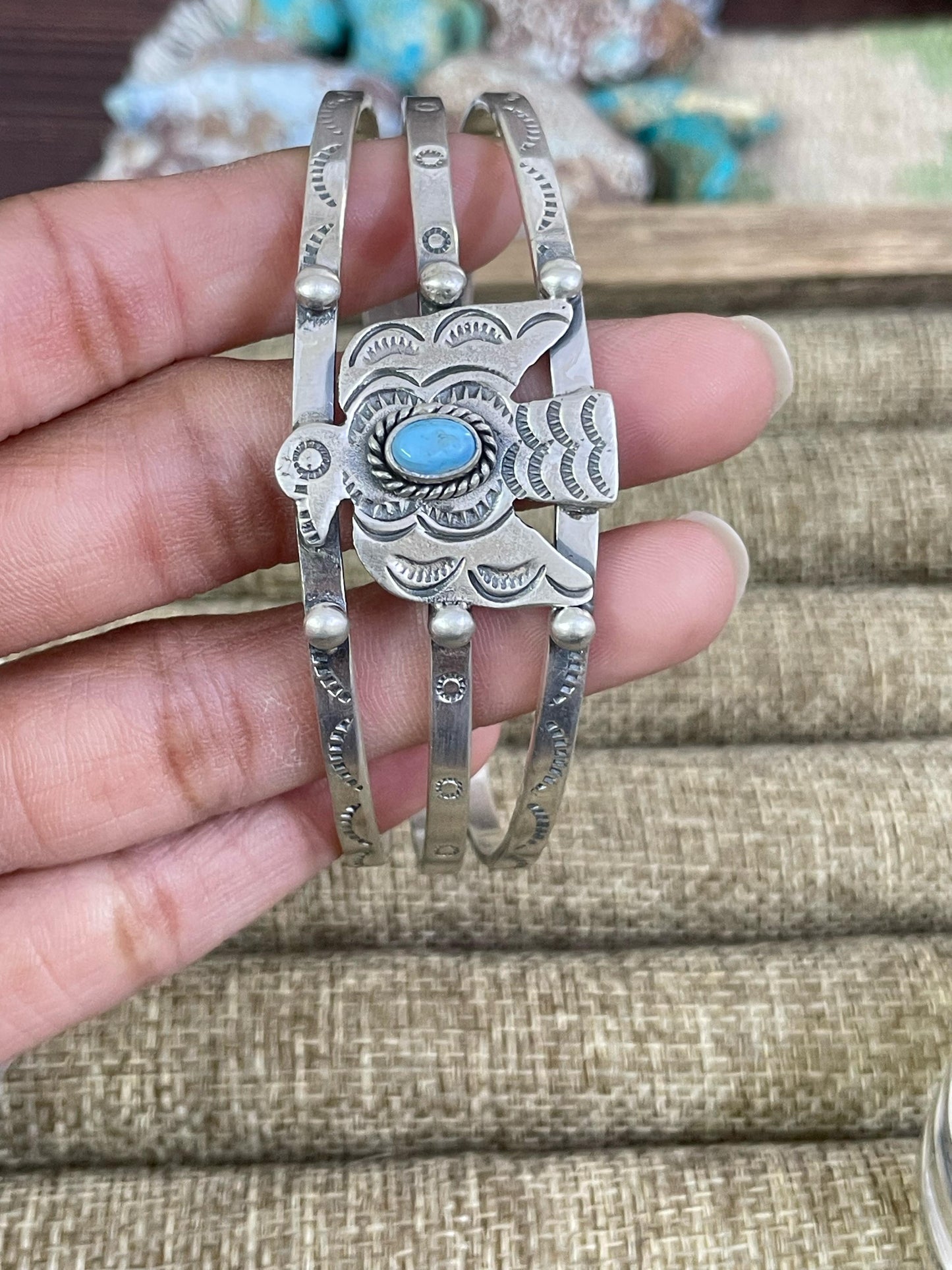 Handmade Sterling Silver White Buffalo, Golden Hills, Kingman Turquoise Thunderbird Bracelet, Signed Nizhoni