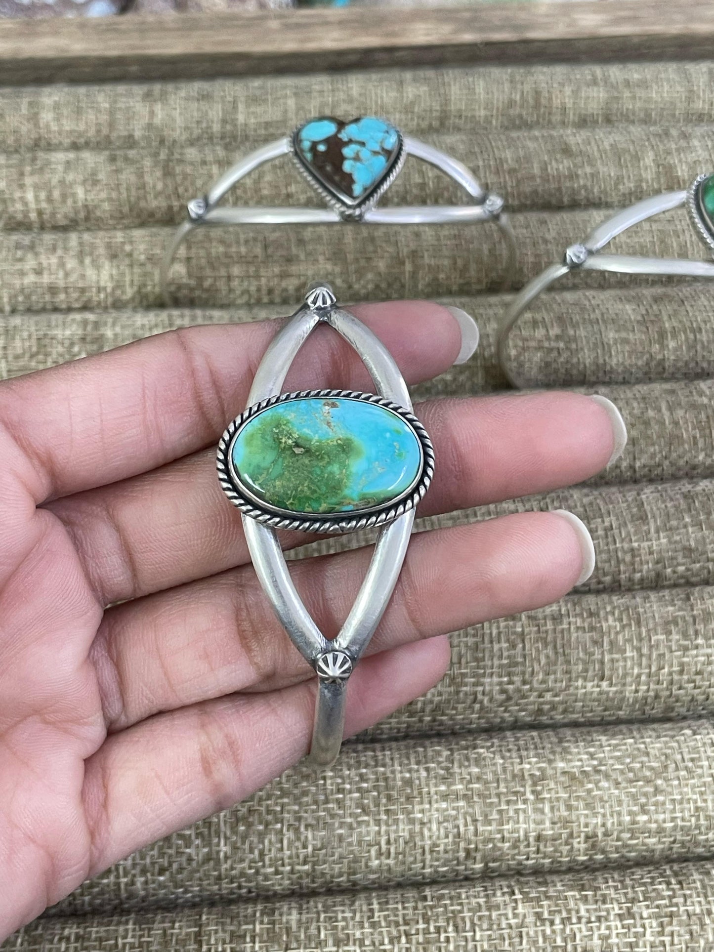 Handmade Sterling Silver NO.8 Golden Hills Turquoise, Sonoran Mountain Turquoise Bracelet, Signed Nizhoni