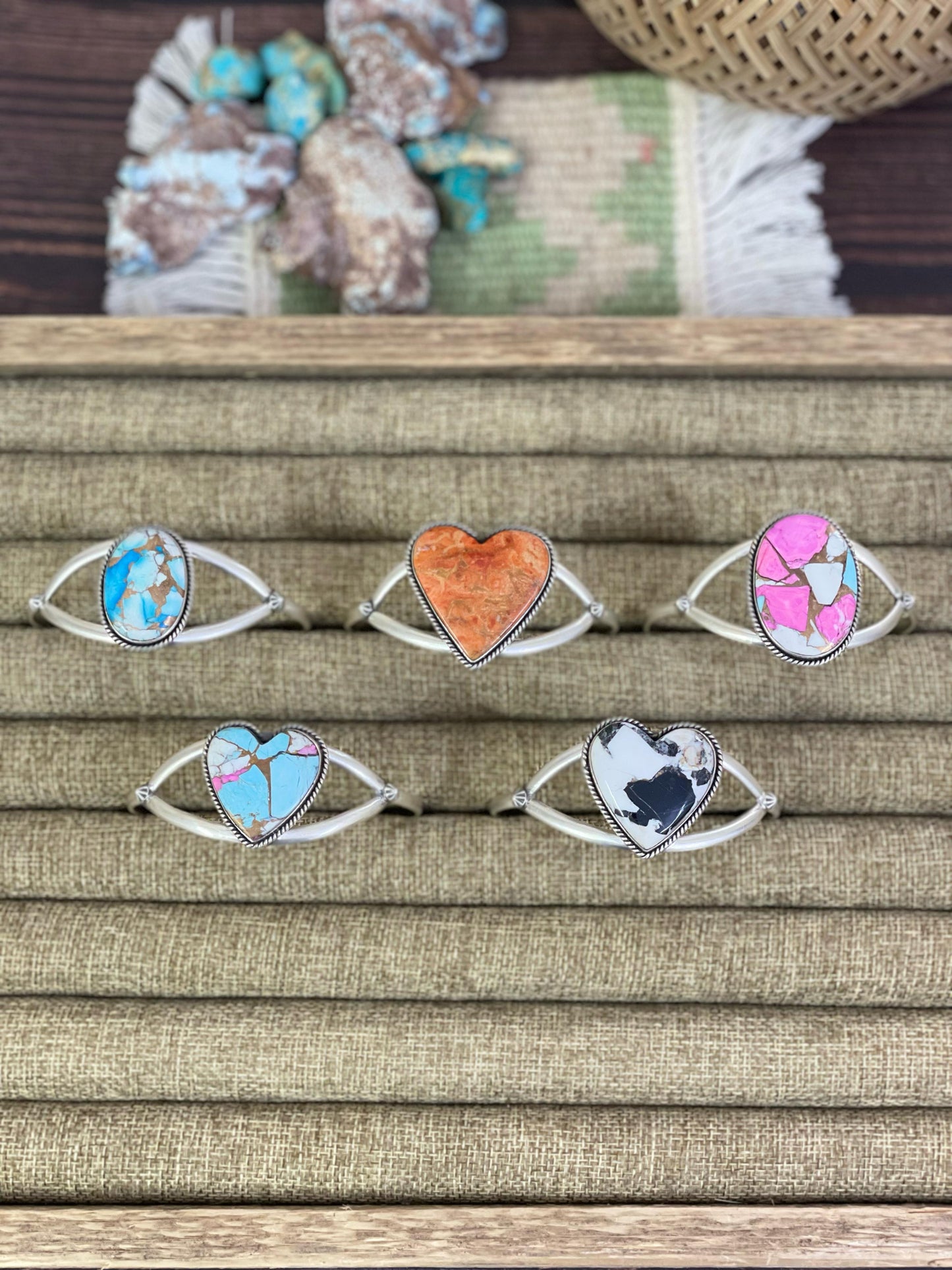 Handmade Sterling Silver Golden Blue Mojave, Cotton Candy, White Buffalo, Orange Mojave Bracelet, Signed Nizhoni