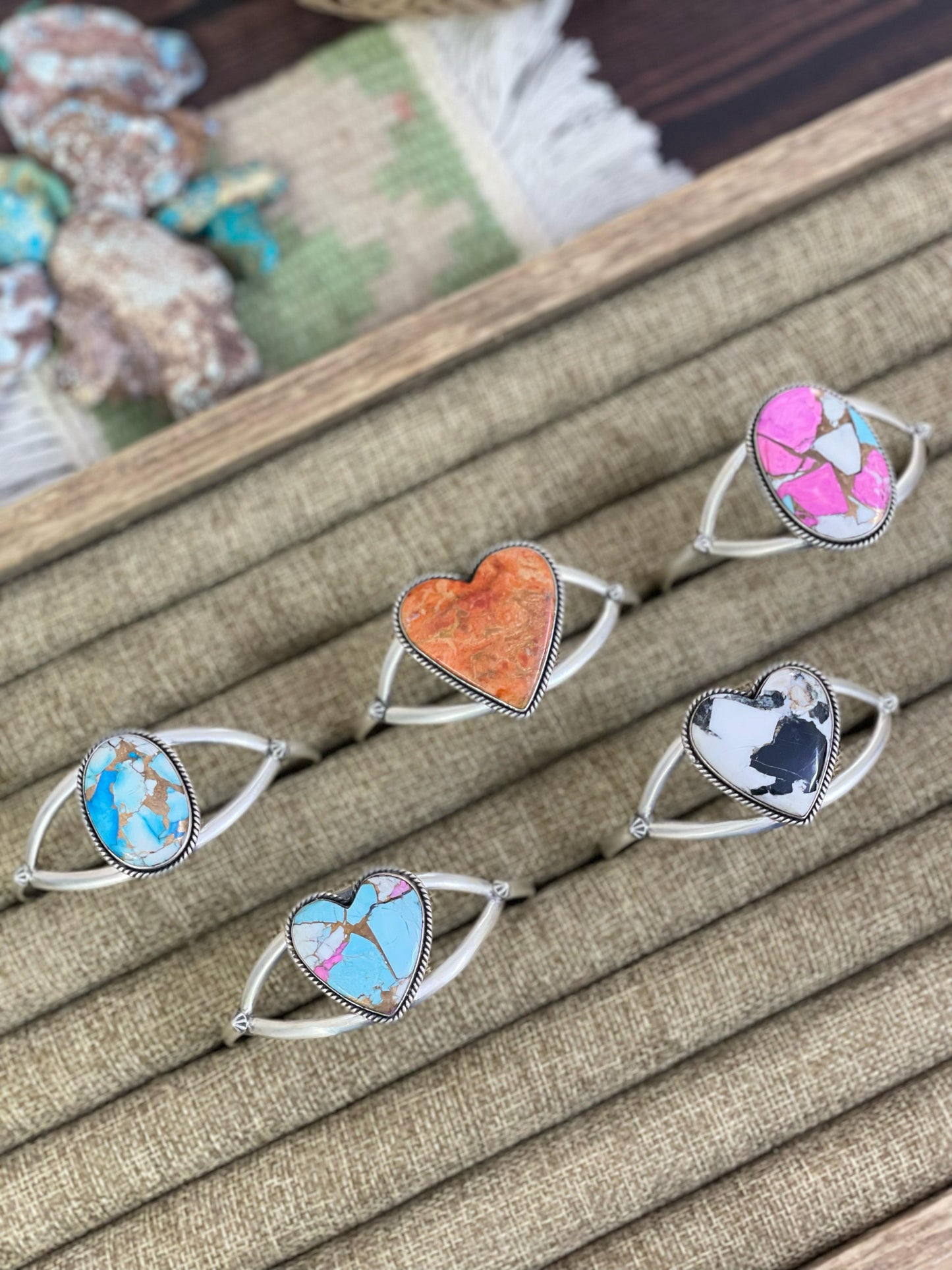 Handmade Sterling Silver Golden Blue Mojave, Cotton Candy, White Buffalo, Orange Mojave Bracelet, Signed Nizhoni