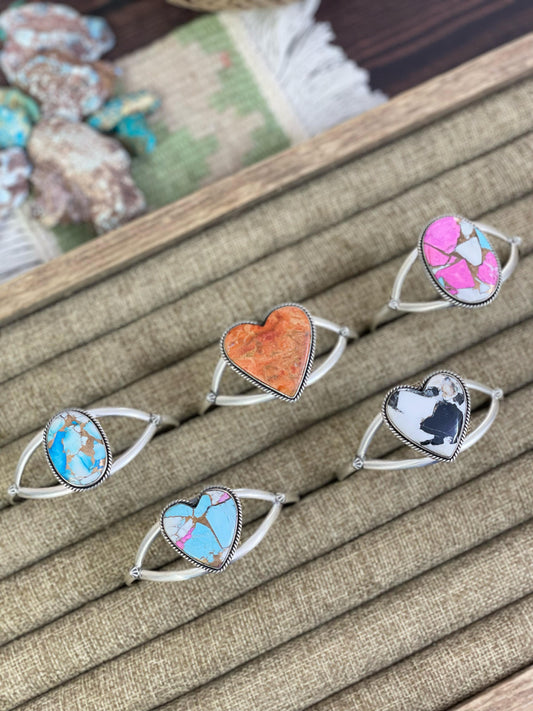 Handmade Sterling Silver Golden Blue Mojave, Cotton Candy, White Buffalo, Orange Mojave Bracelet, Signed Nizhoni