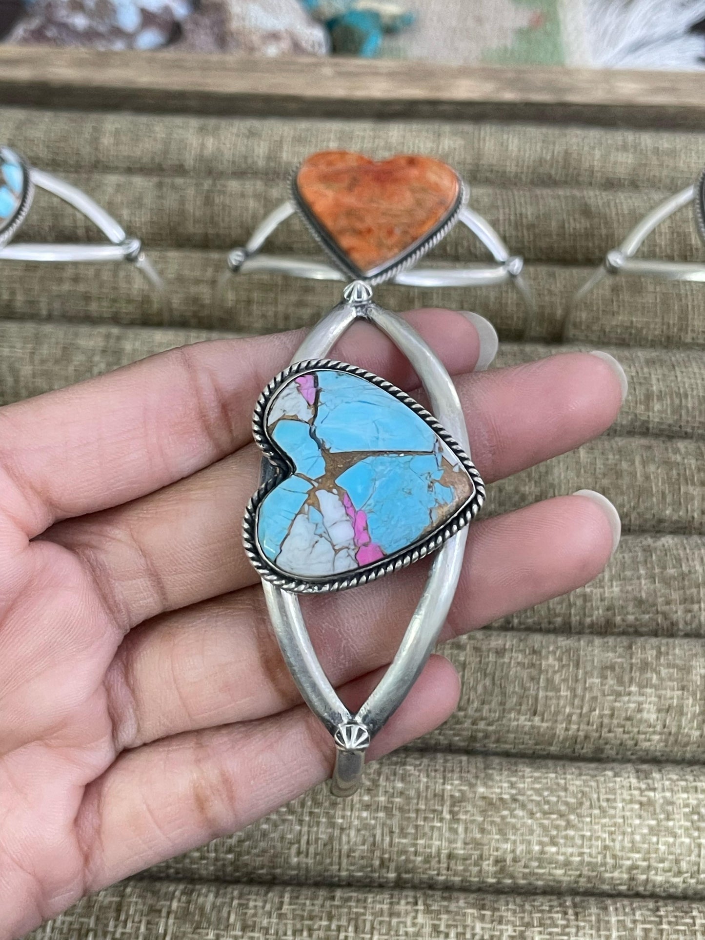 Handmade Sterling Silver Golden Blue Mojave, Cotton Candy, White Buffalo, Orange Mojave Bracelet, Signed Nizhoni