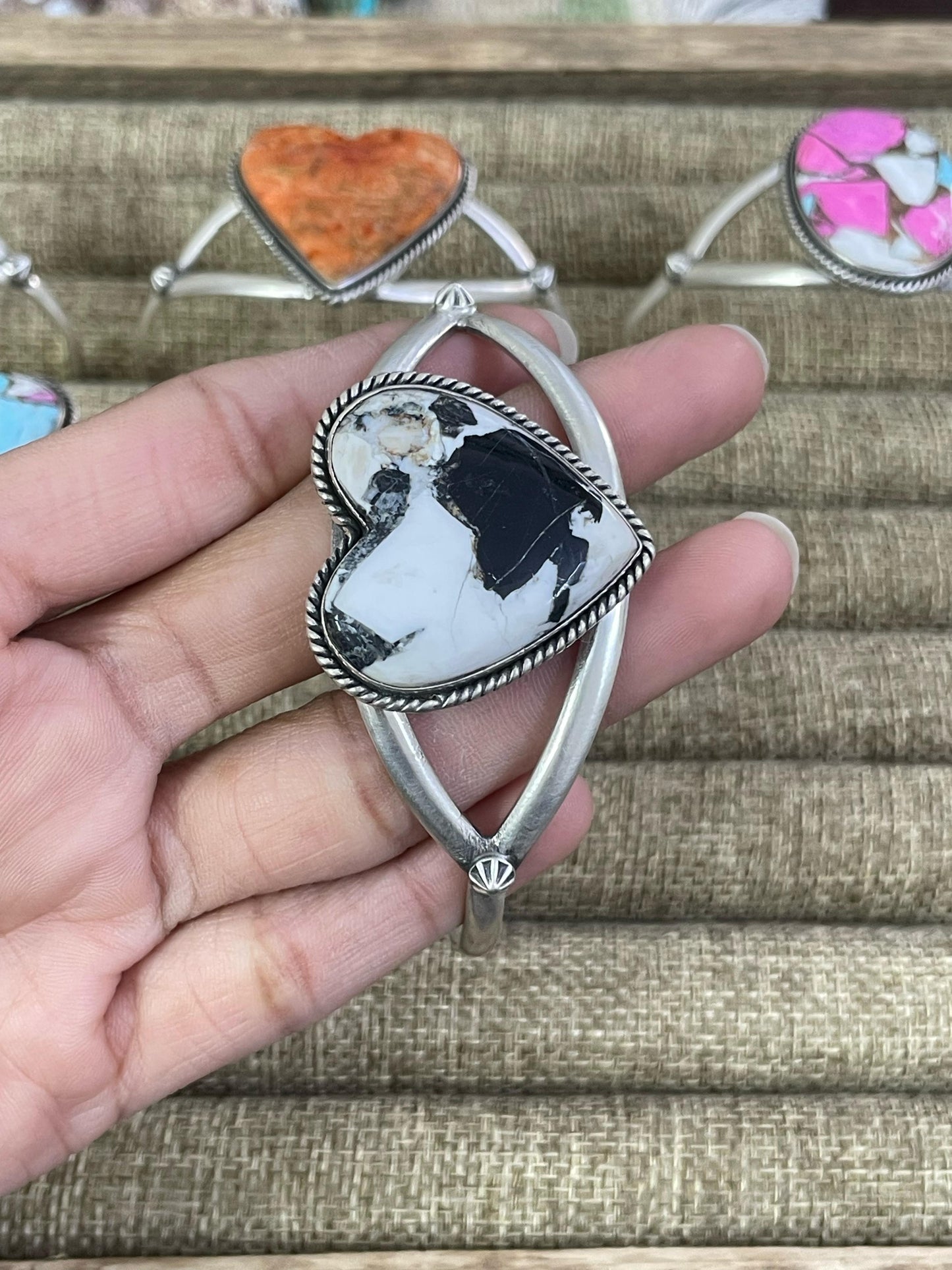 Handmade Sterling Silver Golden Blue Mojave, Cotton Candy, White Buffalo, Orange Mojave Bracelet, Signed Nizhoni
