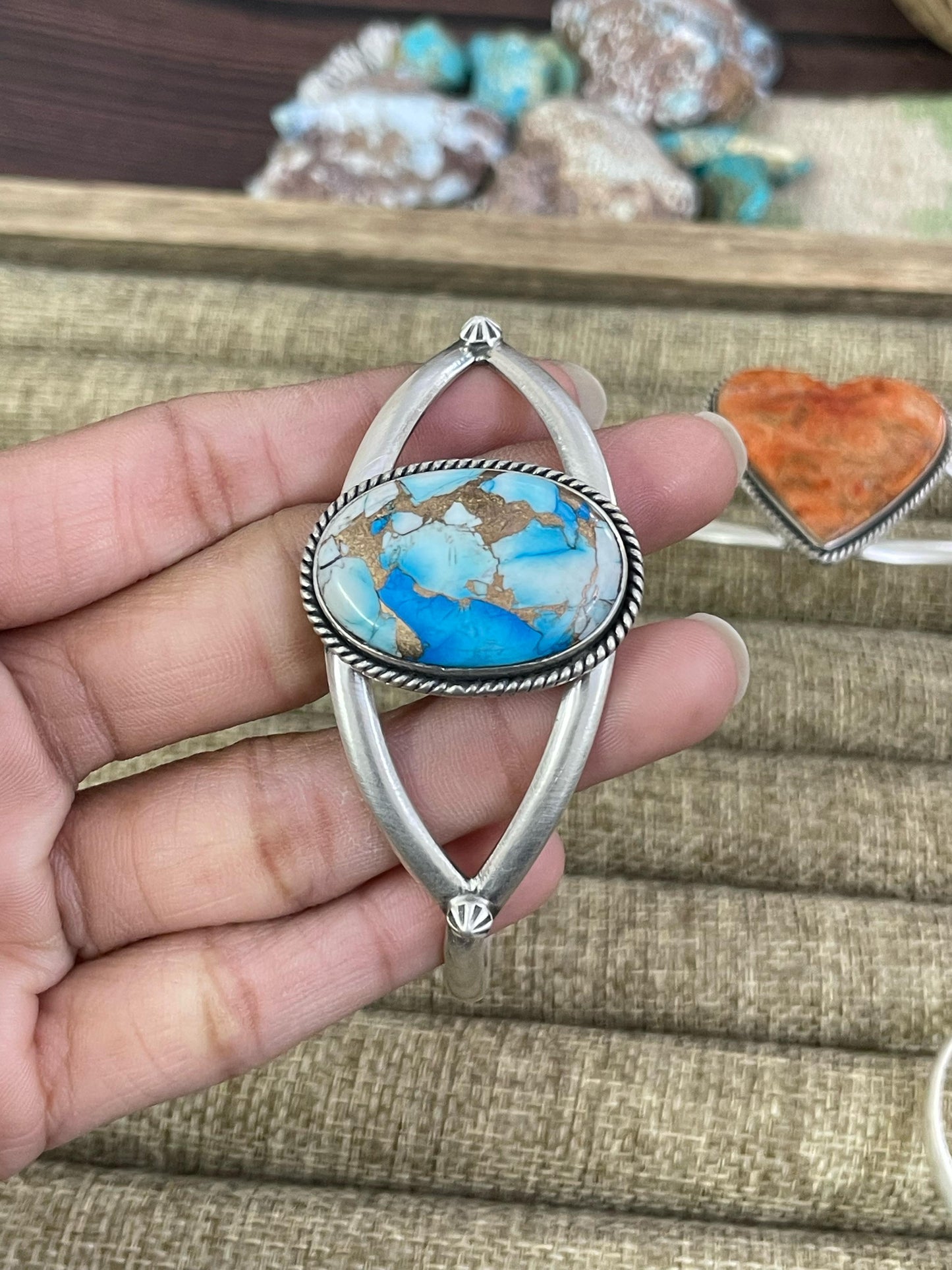 Handmade Sterling Silver Golden Blue Mojave, Cotton Candy, White Buffalo, Orange Mojave Bracelet, Signed Nizhoni