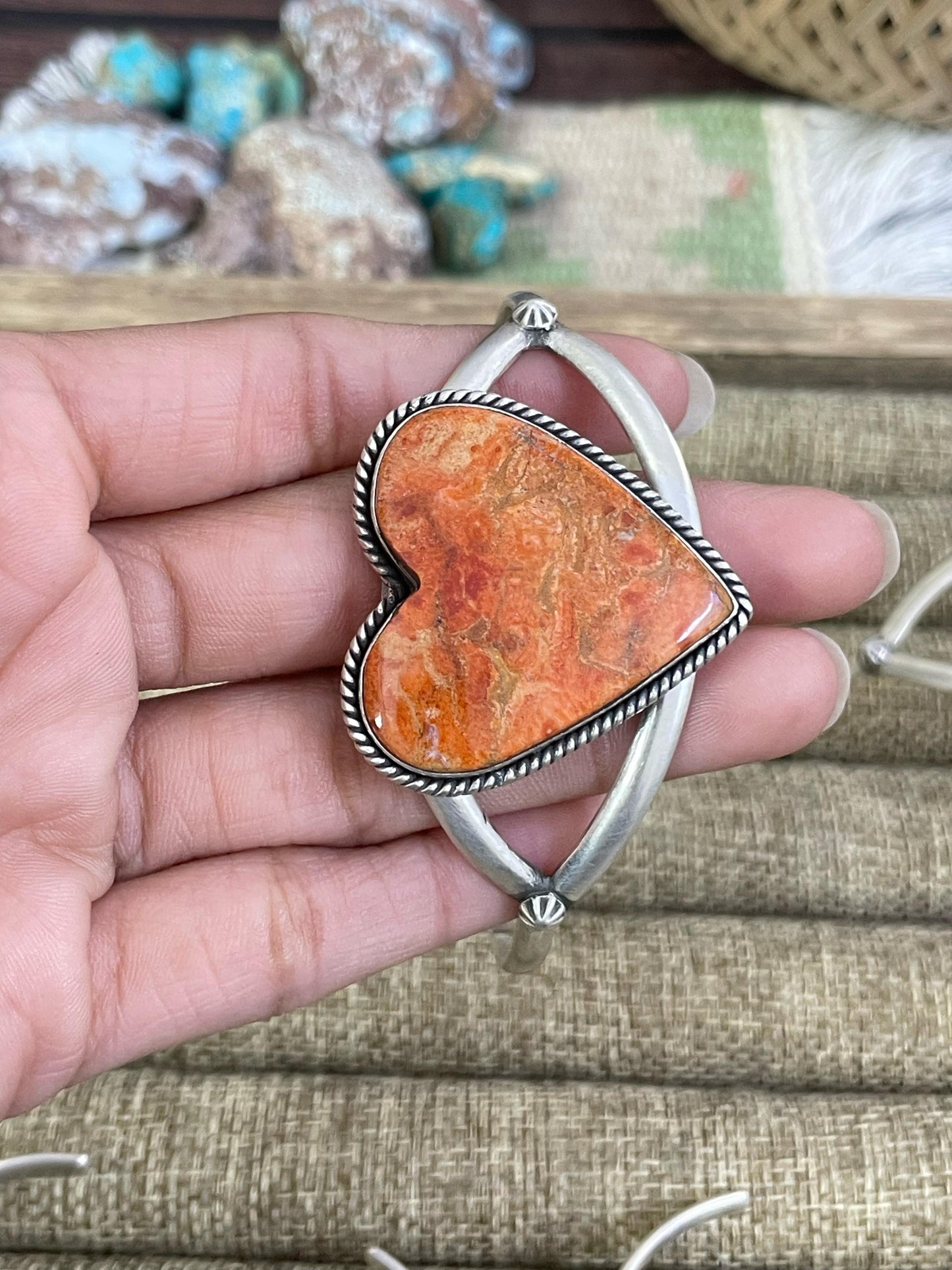Handmade Sterling Silver Golden Blue Mojave, Cotton Candy, White Buffalo, Orange Mojave Bracelet, Signed Nizhoni