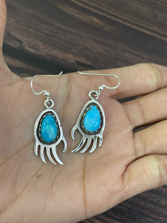 Handmade Sterling Silver, Kingman Turquoise Dangle Earrings, Signed Nizhoni