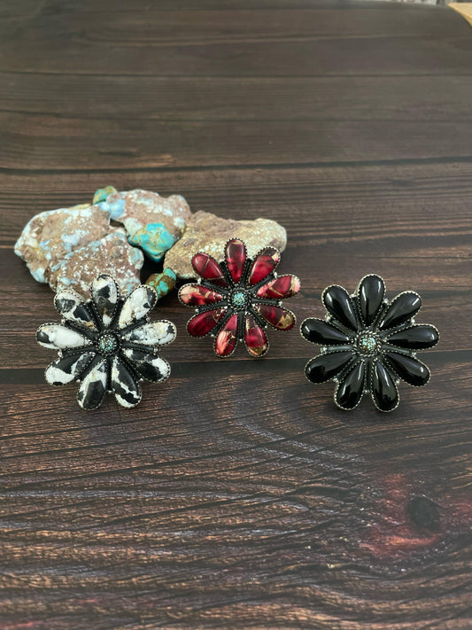 Handmade Sterling Silver Red Rose Dahlia, White Buffalo and Black Onyx Adjustable Ring, Signed Nizhoni