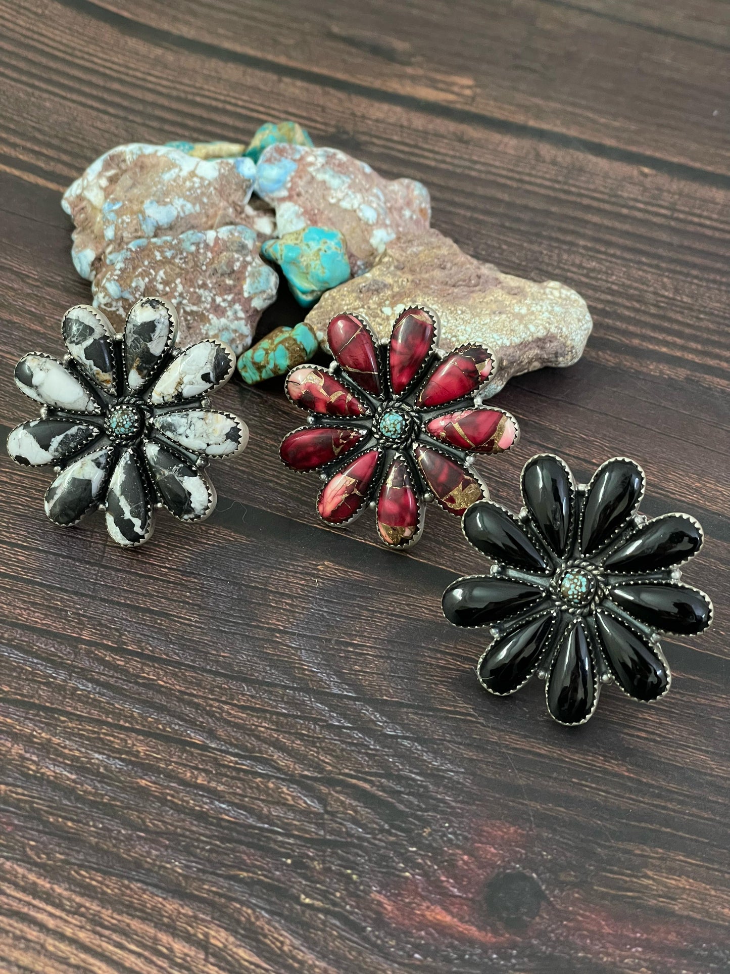 Handmade Sterling Silver Red Rose Dahlia, White Buffalo and Black Onyx Adjustable Ring, Signed Nizhoni