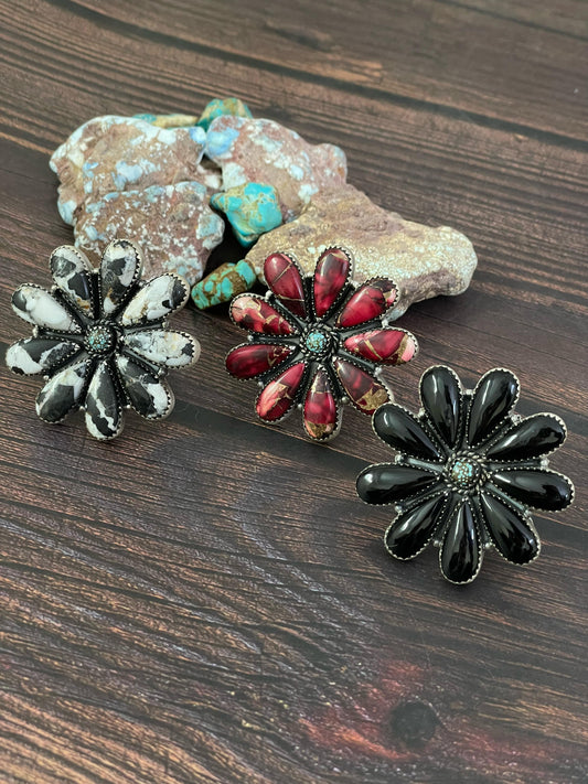 Handmade Sterling Silver Red Rose Dahlia, White Buffalo and Black Onyx Adjustable Ring, Signed Nizhoni