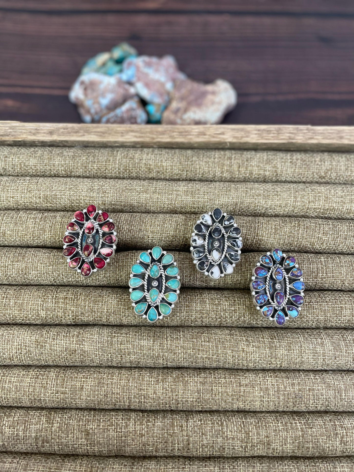Handmade Sterling Silver Red Rose Dahlia, White Buffalo, Kingman, Purple Copper Turquoise Adjustable Rings, Signed Nizhoni