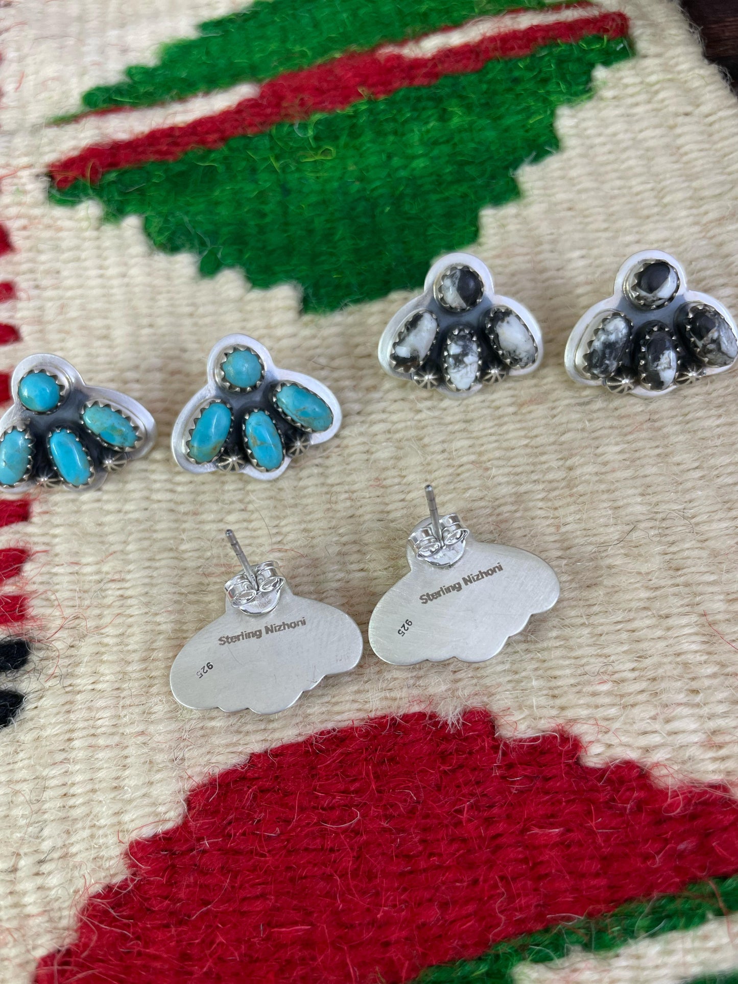Handmade Sterling Silver Red Rose Dahlia, White Buffalo, Kingman Turquoise Post Earrings, Signed Nizhoni