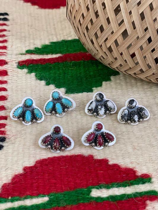 Handmade Sterling Silver Red Rose Dahlia, White Buffalo, Kingman Turquoise Post Earrings, Signed Nizhoni