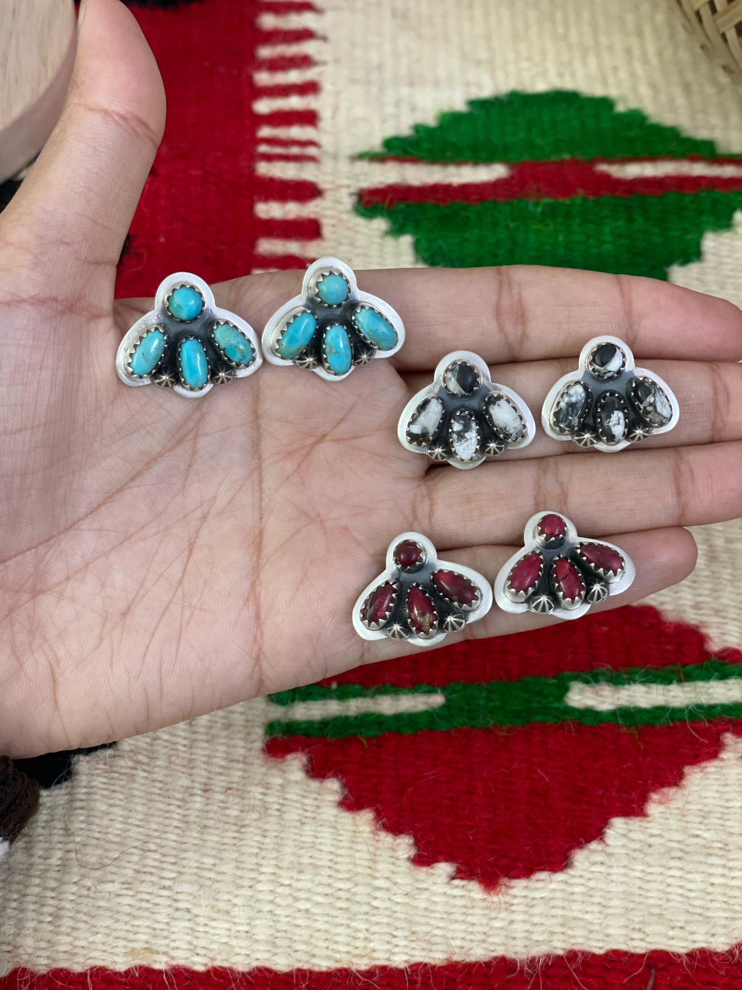 Handmade Sterling Silver Red Rose Dahlia, White Buffalo, Kingman Turquoise Post Earrings, Signed Nizhoni