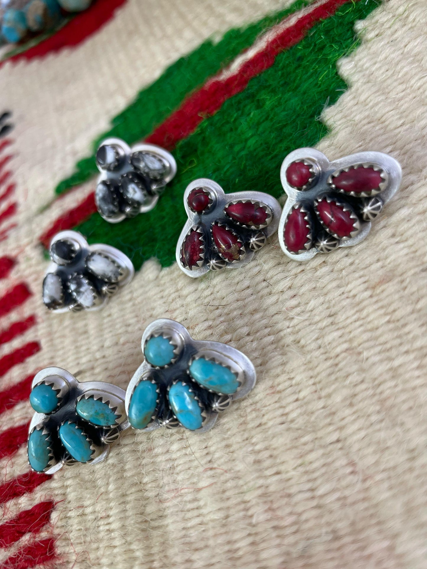 Handmade Sterling Silver Red Rose Dahlia, White Buffalo, Kingman Turquoise Post Earrings, Signed Nizhoni