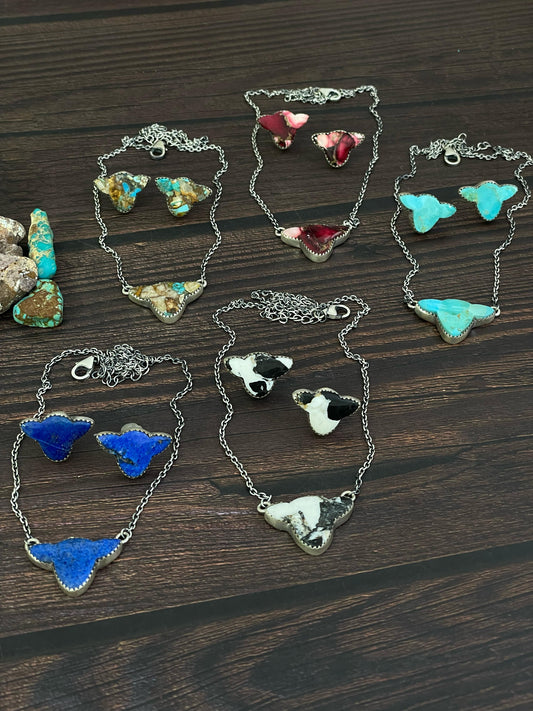 Handmade Sterling Silver Kingman, Red Rose Dahlia, White Buffalo, Royston Turquoise, Lapis Lazuli Bull Head Necklace Post Earring Set, Signed Nizhoni