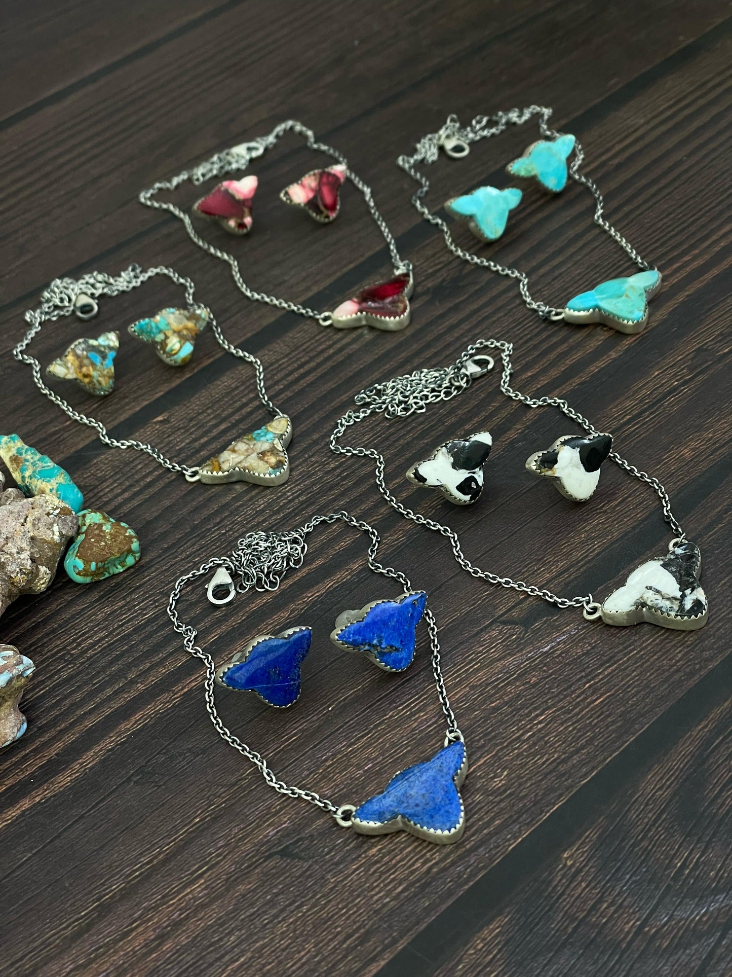 Handmade Sterling Silver Kingman, Red Rose Dahlia, White Buffalo, Royston Turquoise, Lapis Lazuli Bull Head Necklace Post Earring Set, Signed Nizhoni