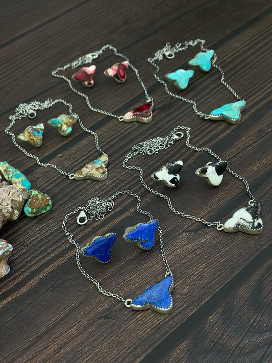 Handmade Sterling Silver Kingman, Red Rose Dahlia, White Buffalo, Royston Turquoise, Lapis Lazuli Bull Head Necklace Post Earring Set, Signed Nizhoni