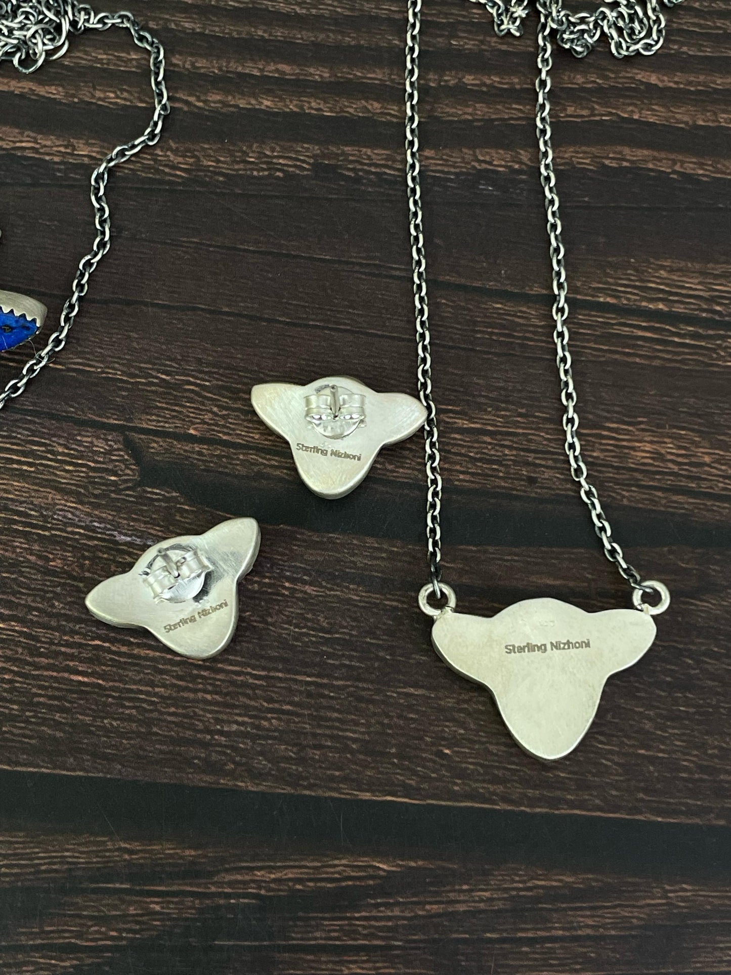 Handmade Sterling Silver Kingman, Red Rose Dahlia, White Buffalo, Royston Turquoise, Lapis Lazuli Bull Head Necklace Post Earring Set, Signed Nizhoni