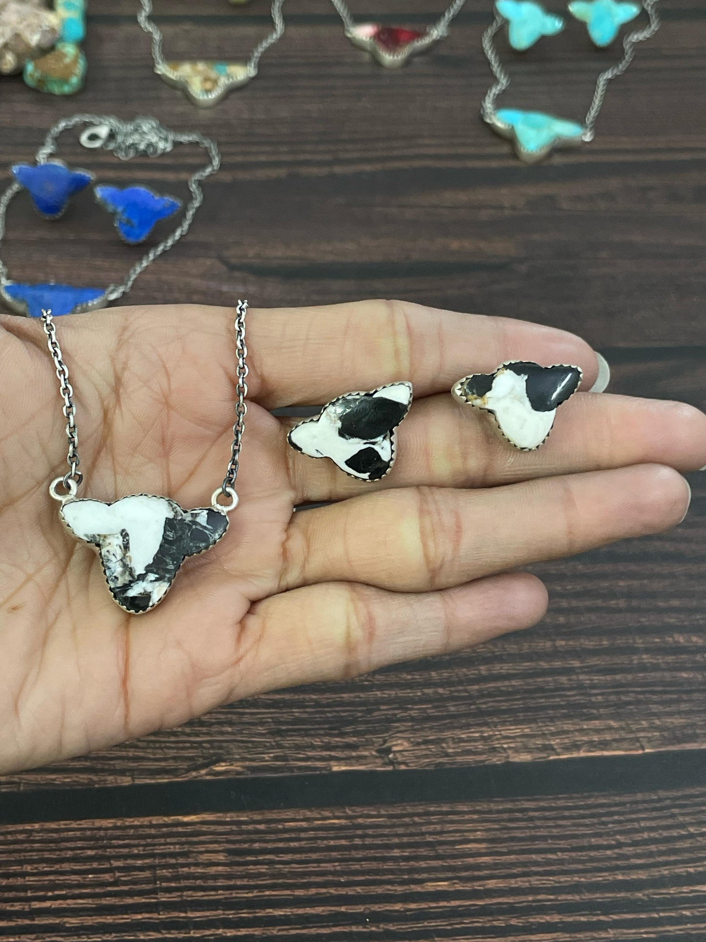 Handmade Sterling Silver Kingman, Red Rose Dahlia, White Buffalo, Royston Turquoise, Lapis Lazuli Bull Head Necklace Post Earring Set, Signed Nizhoni