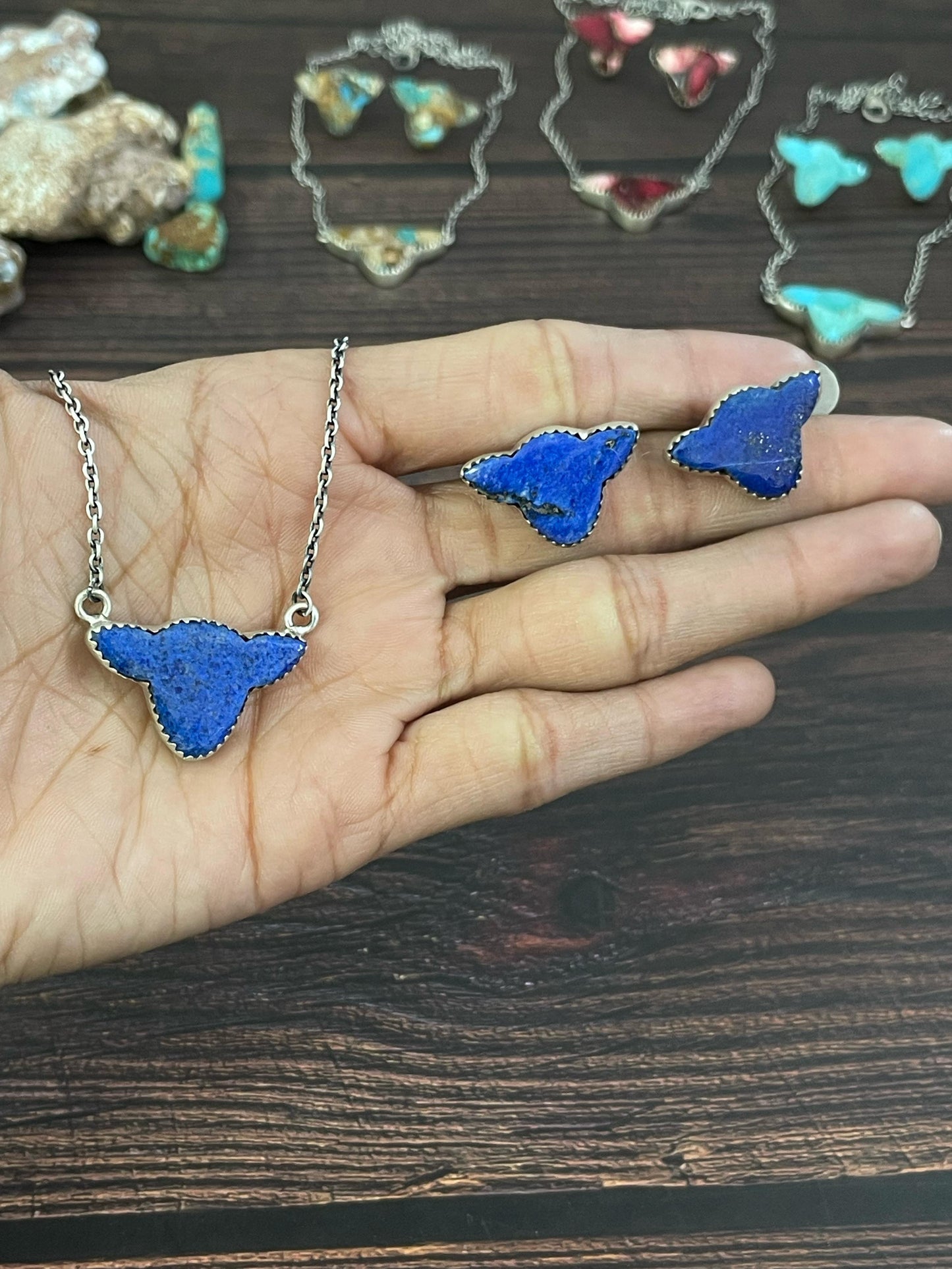 Handmade Sterling Silver Kingman, Red Rose Dahlia, White Buffalo, Royston Turquoise, Lapis Lazuli Bull Head Necklace Post Earring Set, Signed Nizhoni