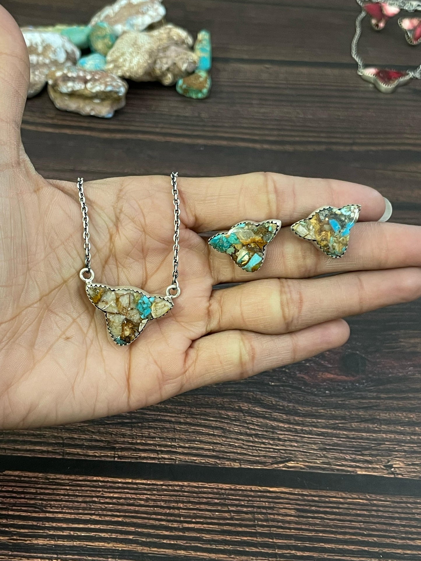 Handmade Sterling Silver Kingman, Red Rose Dahlia, White Buffalo, Royston Turquoise, Lapis Lazuli Bull Head Necklace Post Earring Set, Signed Nizhoni