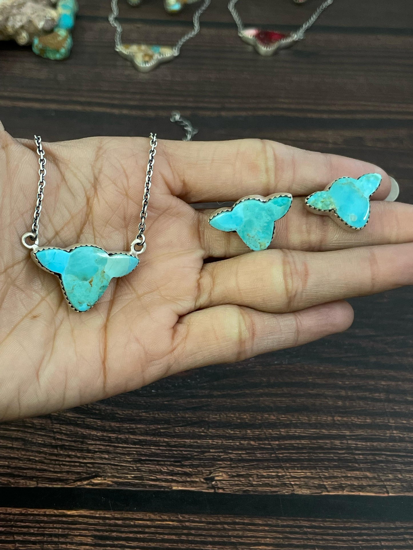 Handmade Sterling Silver Kingman, Red Rose Dahlia, White Buffalo, Royston Turquoise, Lapis Lazuli Bull Head Necklace Post Earring Set, Signed Nizhoni