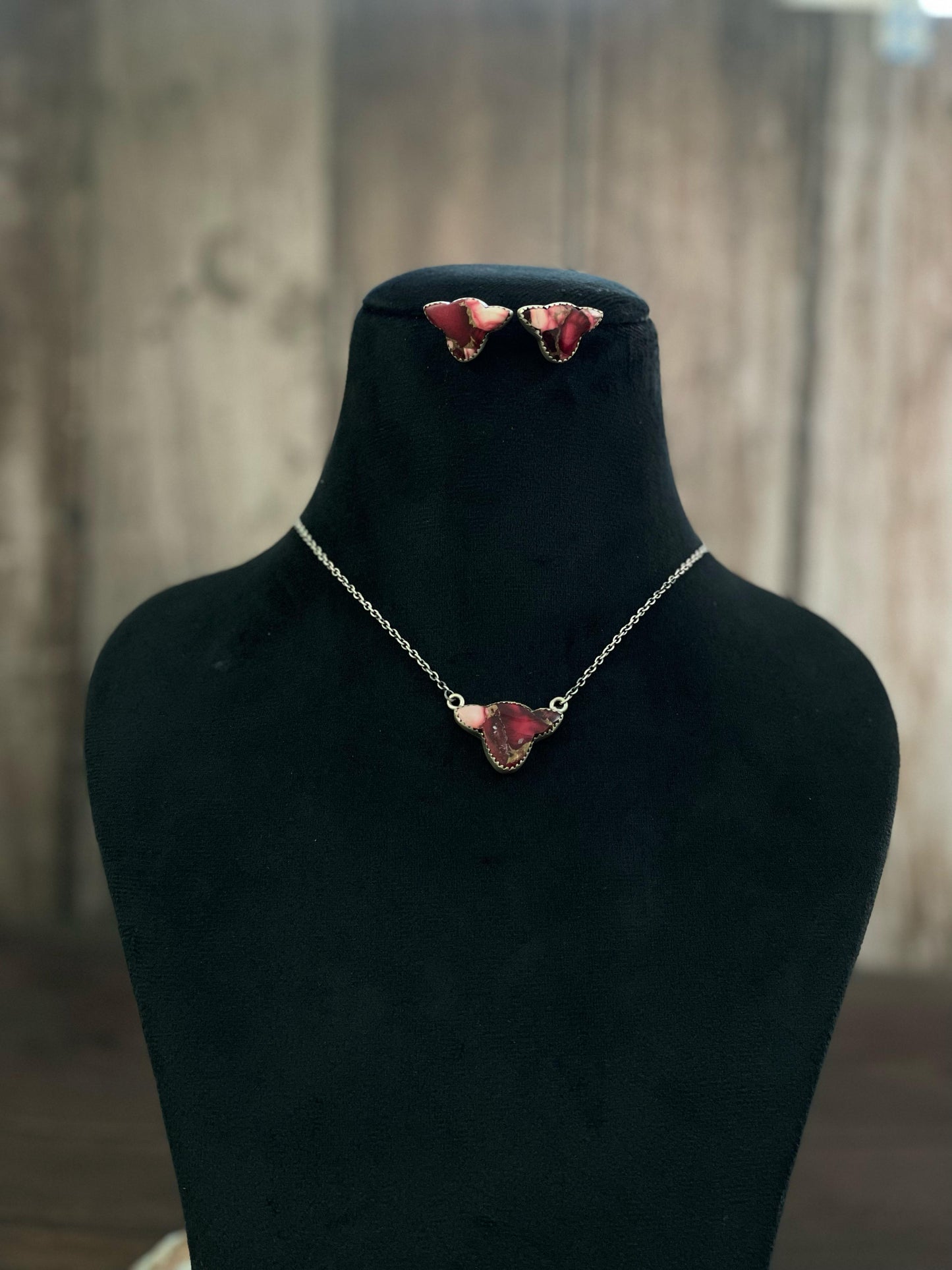 Handmade Sterling Silver Kingman, Red Rose Dahlia, White Buffalo, Royston Turquoise, Lapis Lazuli Bull Head Necklace Post Earring Set, Signed Nizhoni