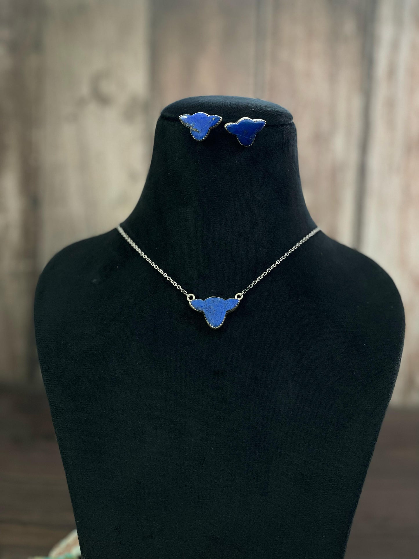 Handmade Sterling Silver Kingman, Red Rose Dahlia, White Buffalo, Royston Turquoise, Lapis Lazuli Bull Head Necklace Post Earring Set, Signed Nizhoni