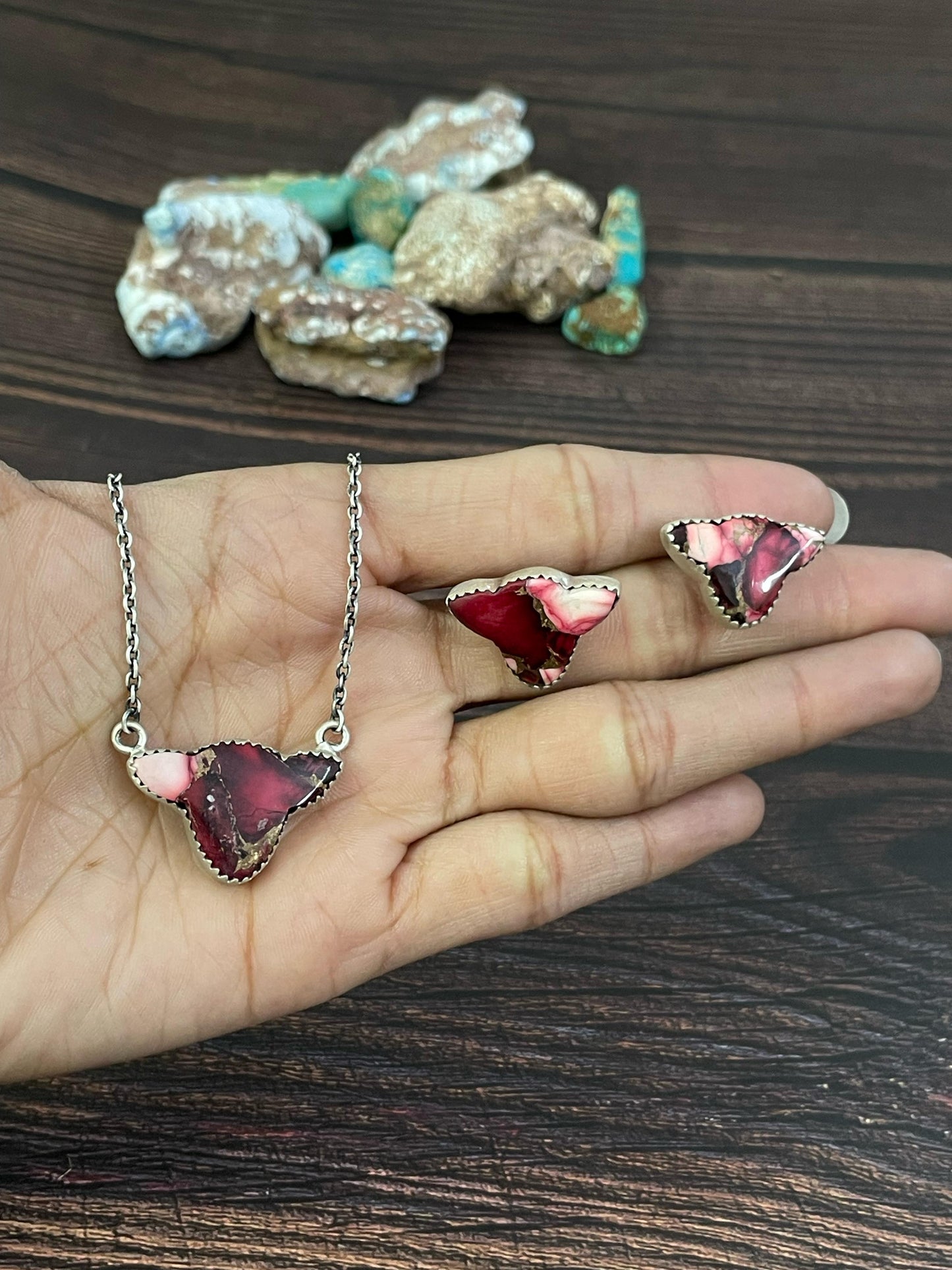 Handmade Sterling Silver Kingman, Red Rose Dahlia, White Buffalo, Royston Turquoise, Lapis Lazuli Bull Head Necklace Post Earring Set, Signed Nizhoni