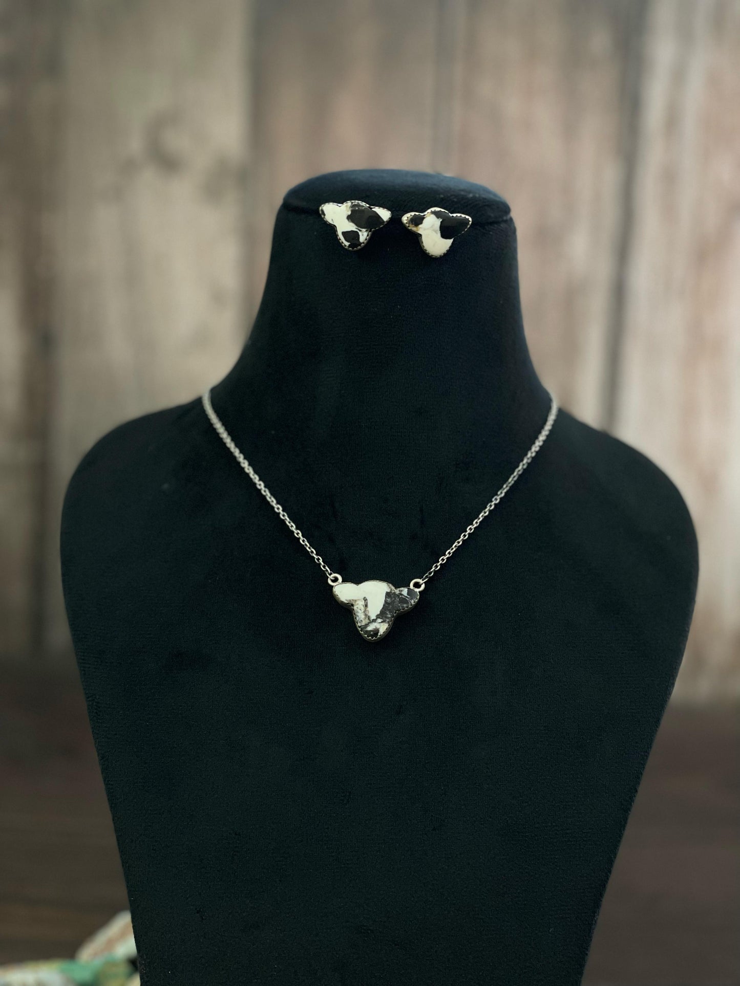 Handmade Sterling Silver Kingman, Red Rose Dahlia, White Buffalo, Royston Turquoise, Lapis Lazuli Bull Head Necklace Post Earring Set, Signed Nizhoni