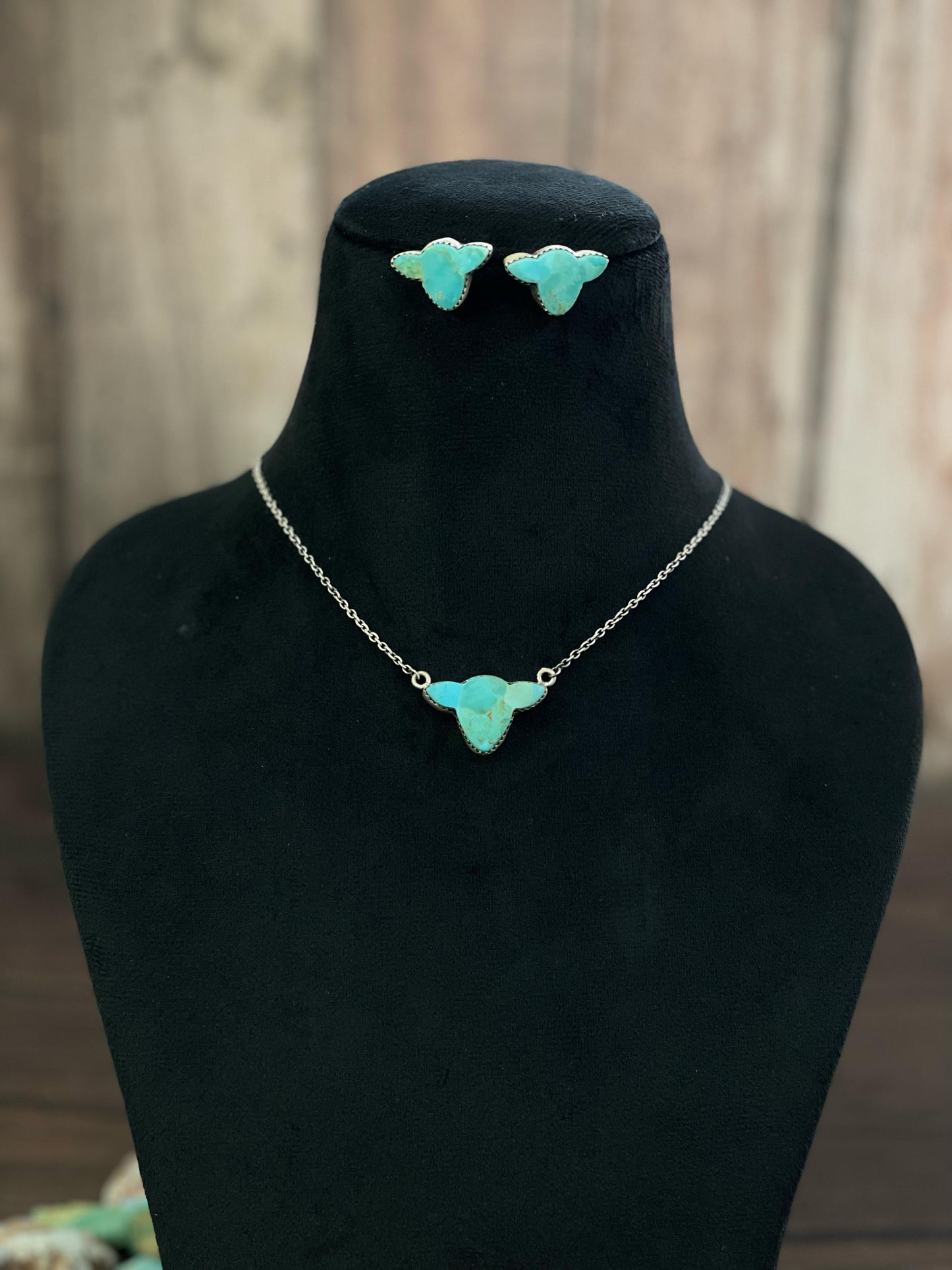 Handmade Sterling Silver Kingman, Red Rose Dahlia, White Buffalo, Royston Turquoise, Lapis Lazuli Bull Head Necklace Post Earring Set, Signed Nizhoni