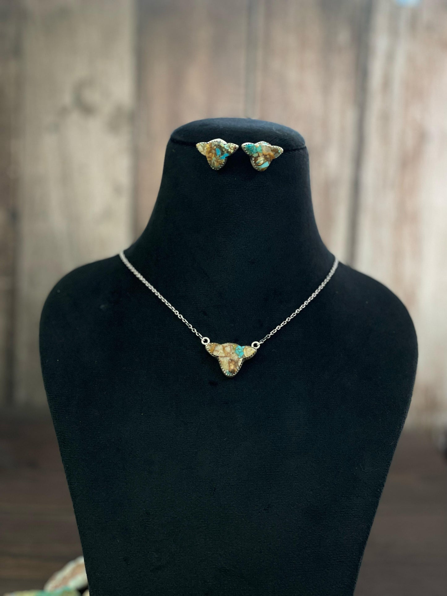 Handmade Sterling Silver Kingman, Red Rose Dahlia, White Buffalo, Royston Turquoise, Lapis Lazuli Bull Head Necklace Post Earring Set, Signed Nizhoni