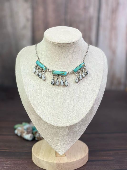 Handmade Sterling Silver Kingman and White Buffalo Turquoise Necklace, Signed Nizhoni