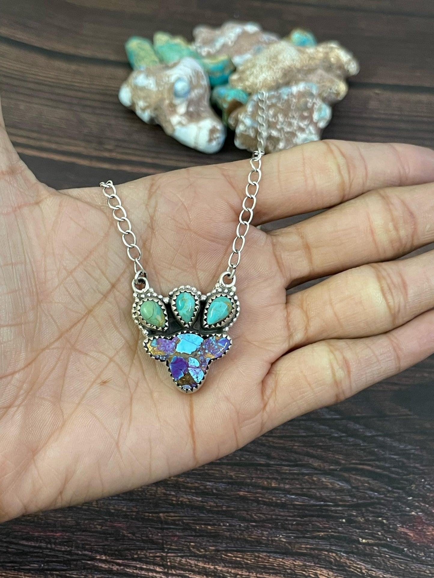 Handmade Sterling Silver Golden Ice Blue, Dahlia Rose, Purple Mojave, Kingman, Wild Horse Necklace, Signed Nizhoni