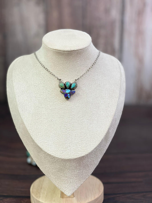 Handmade Sterling Silver Golden Ice Blue, Dahlia Rose, Purple Mojave, Kingman, Wild Horse Necklace, Signed Nizhoni